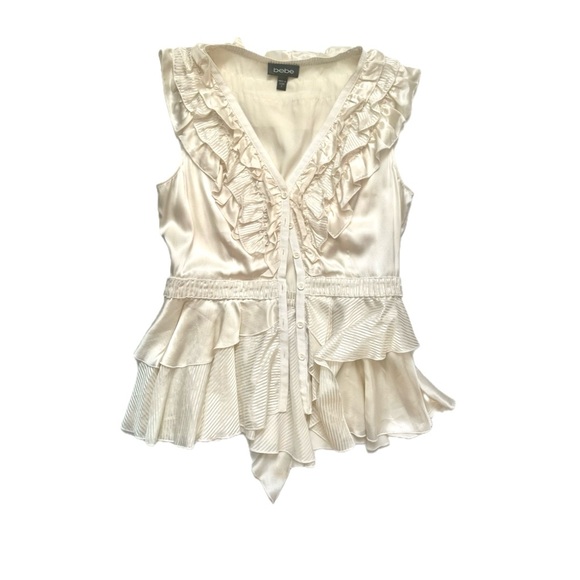 Bebe Ivory Cream Ruffled Satin Women's Top - Picture 3 of 12